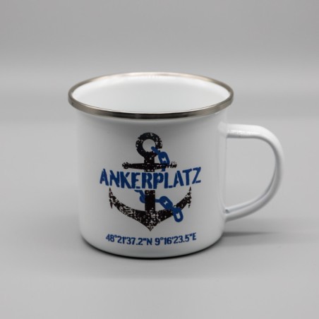 Emaille Tasse "Ankerplatz" mit Wunschkoordinaten